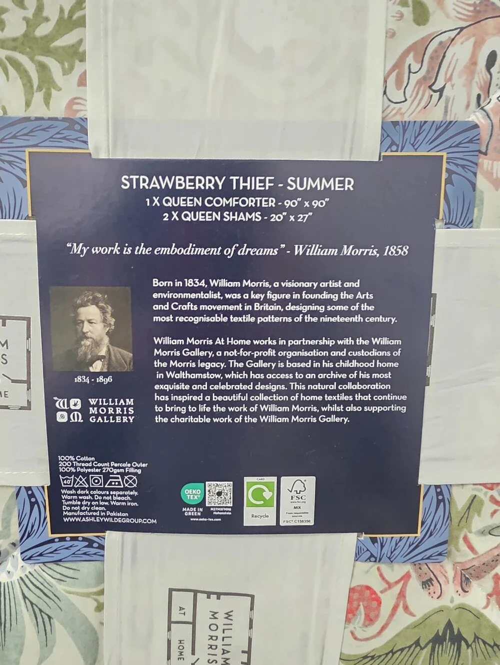 William Morris QUEEN Strawberry Thief 3 Piece Comforter Set Designed in England